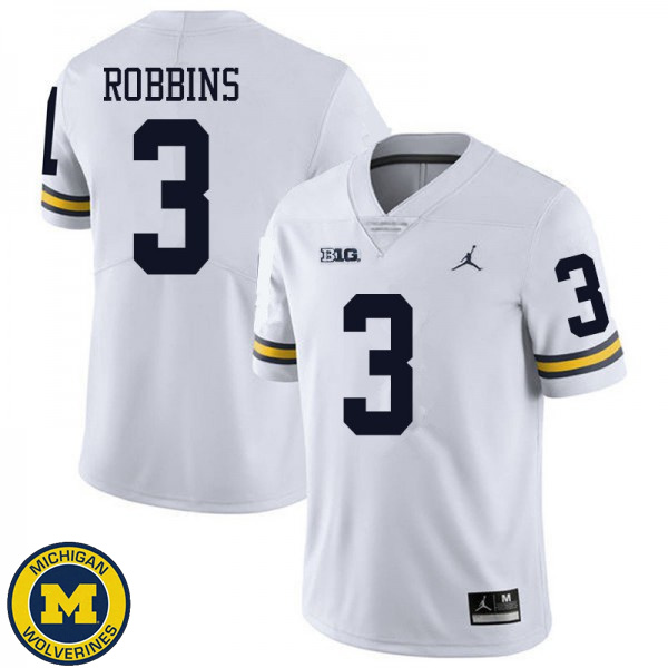 Men's University of Michigan #3 Brad Robbins White Jordan Brand Football Jersey